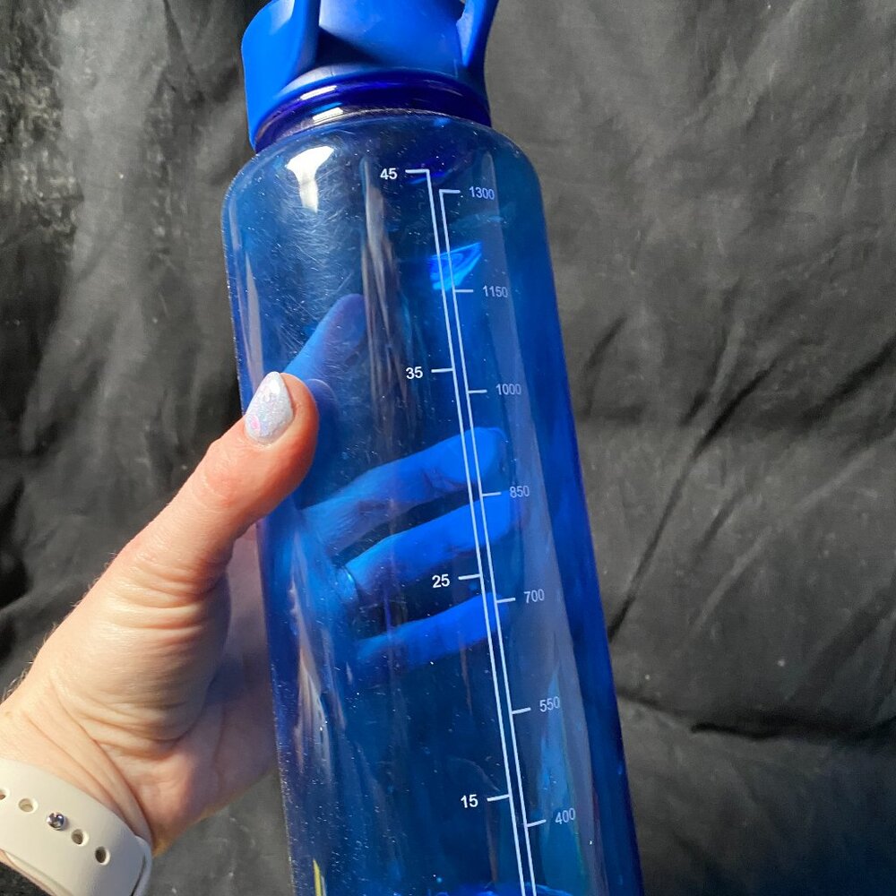 Blue Plastic Water Bottle Flip Top Lid 45oz 1300 ml Simply Modern, Very Good